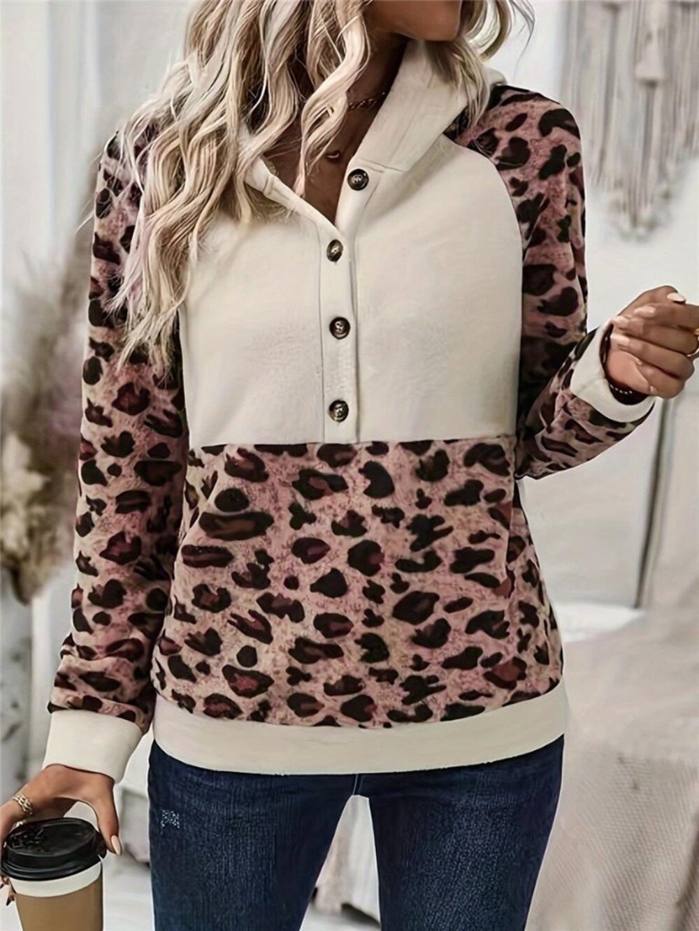 Leopard Button Detail Hoodie